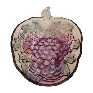 Vtg Indiana Glass Grape Shaped Serving Bowl Purple Green Clear Embossed READ